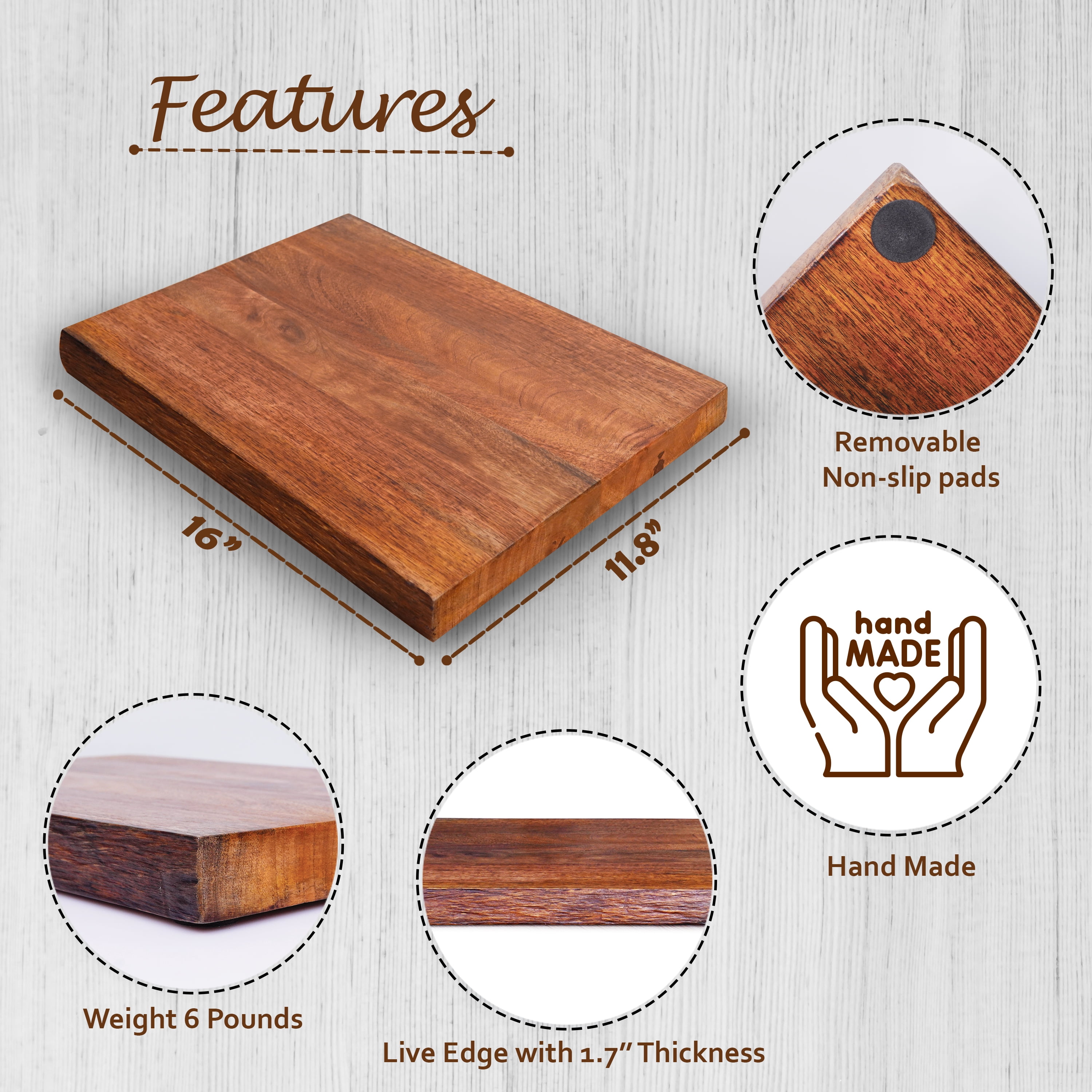 Luxe Designs | Mango Wood Cutting Board | Butcher Block | Live Edges & Non slip Pads | 16" x 12" with 1.7" Thickness