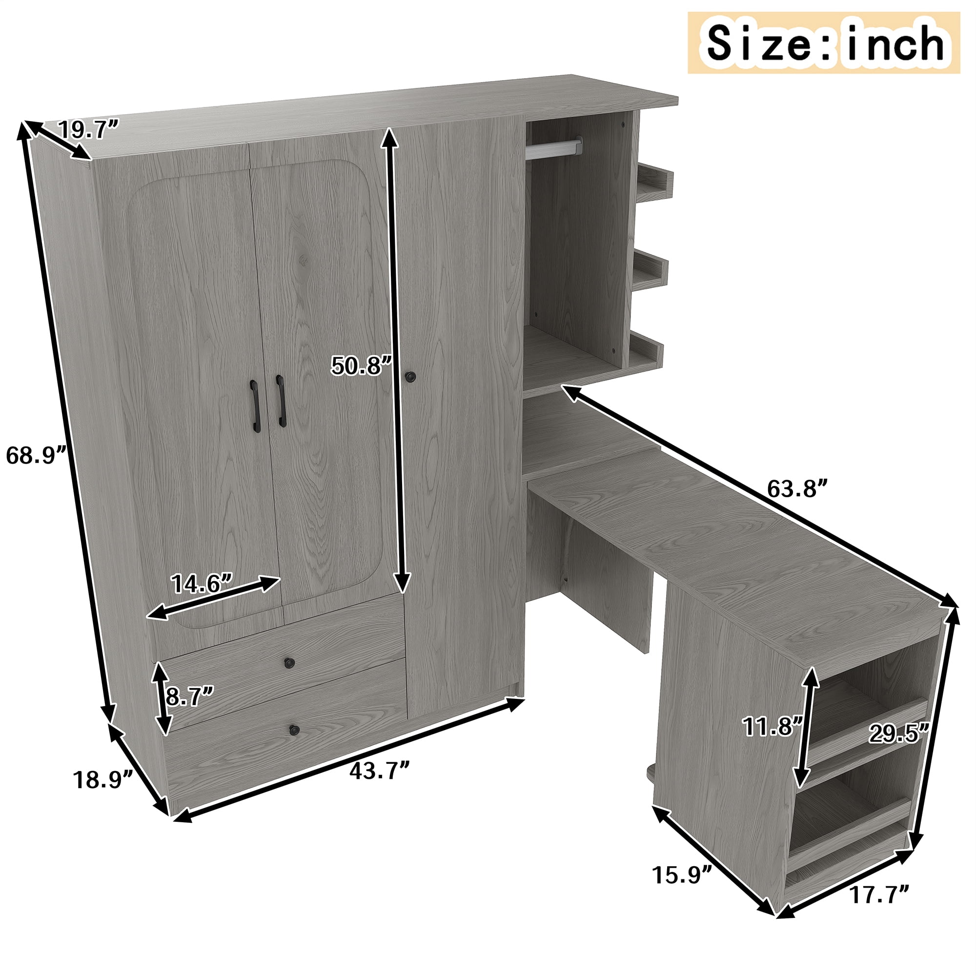 Mintazer Multifunctional Wardrobe Closet with Convertible Foldable Desk & Open Shelves, Clothes Storage Cabinet with Hanging Rod & Drawers for Bedroom Cloakroom Apartment, Gray