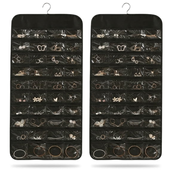 2 Pack Hanging Jewelry Organizer, Double Sided Non-Woven Storage Bag, Wall Clear Pocket Holder for Necklaces Earrings Bracelets Rings