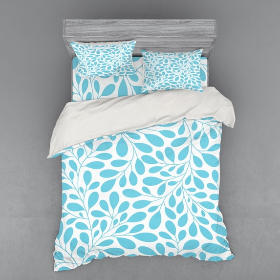 Leaves Duvet Cover Set, Monochromatic Lush Foliage Feminine Nature Pattern Spring Season Illustration, Bedding Set with Shams and Fitted Sheet, 3 Sizes, by Ambesonne