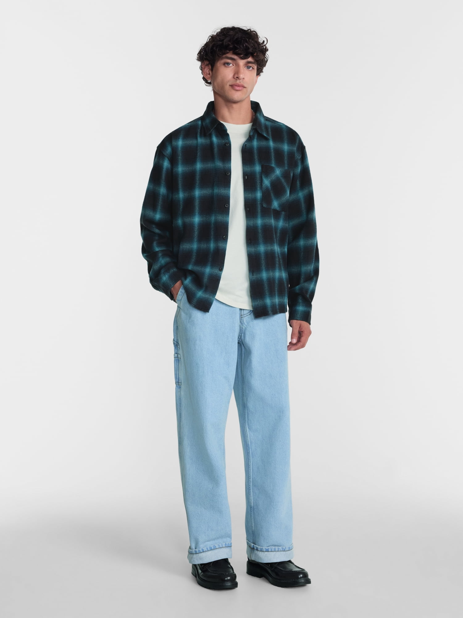 No Boundaries Boxy Cotton Plaid Flannel with Long Sleeves, Men's and Big Men's XS-4XLT