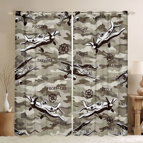 Homewish Camouflage Plane Black Out Curtains for Female Men Adults,Transportation Theme Curtains Pack of 2 (42x63 Each),Abstract Camo Bedroom Curtains,Luxury Bedroom Decor
