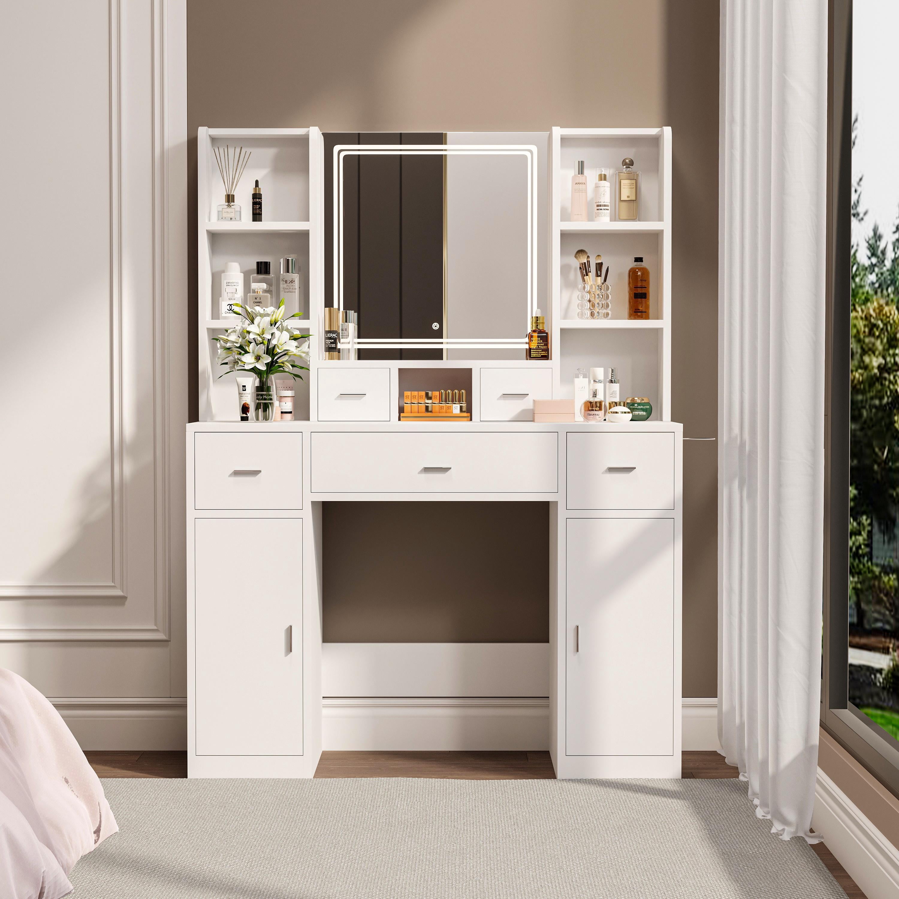 PORKISS Dressing Table, Wood & Glass Makeup Vanity Table with Drawers and Storage Cabinet, Modern Vanity Desk with Smart Mirror and Dressing Pad, Makeup Vanity for Bedroom, Dressing Room, White