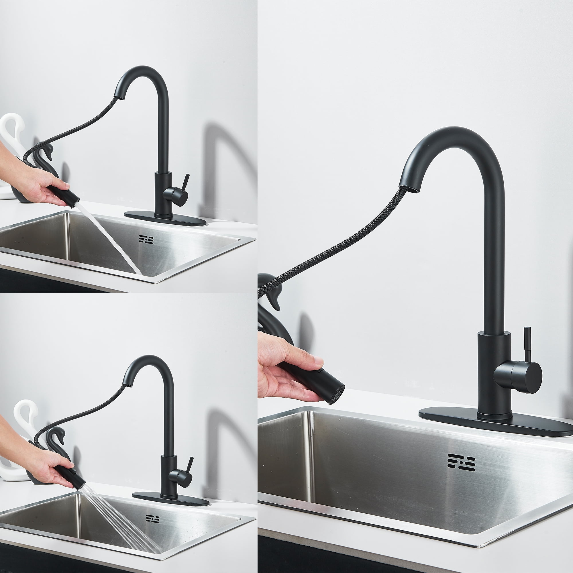 Black Kitchen Faucets with Pull-Down Sprayer , 2.5GPM High Arc Single Handle, Stainless Steel, with Deck Plate, for Farmhouse Camper Laundry Rv Bar