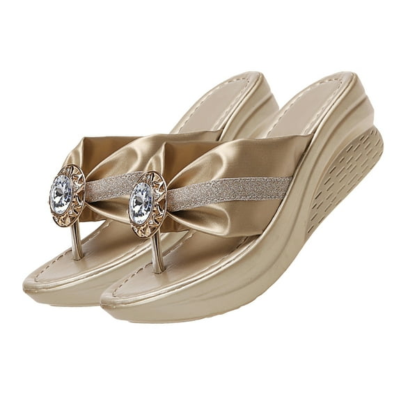 ifundom Women's Golden Rhinestone Beach Sandals Lightweight Outdoor Slippers Comfortable PU Material Size 6.5