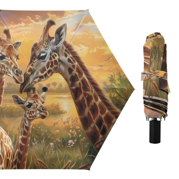 Giraffes Family and Sunset Compact Sun Umbrella Windproof Travel Umbrellas for Rain Strong Portable UV Protection