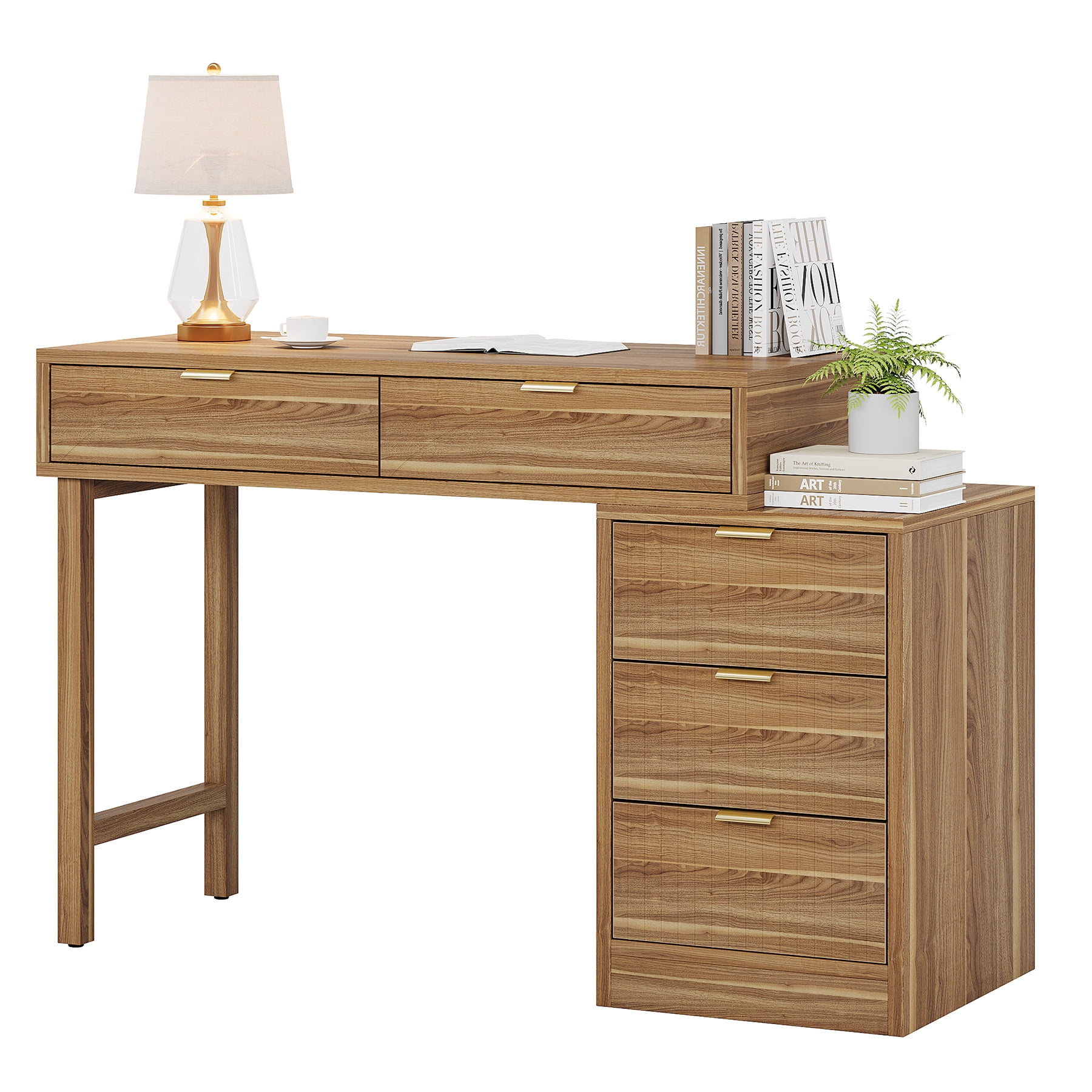 Fnova Reversible Computer Desk with 5 Large Drawers, 39.37" Home Office Writing Desk, Vanity Desk, Brown