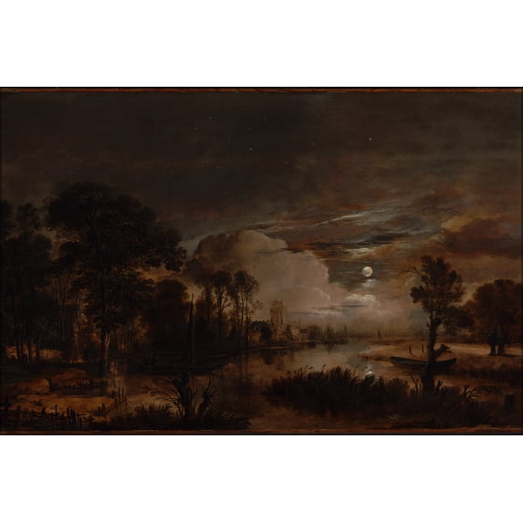 24"x36" Gallery Poster, Aert van der Neer - Moonlit Landscape with a View of the New Amstel River and Castle Kostverloren -