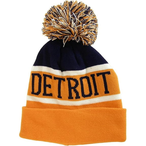 Detroit City Name Wide Stripe Winter Knit Pom Beanie Hat (Navy/Orange)