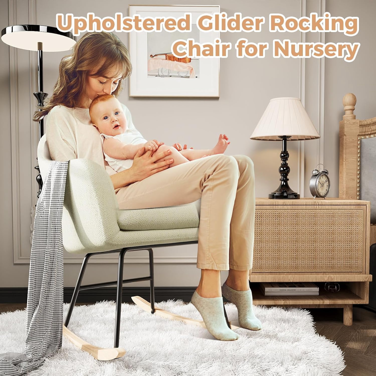 Plush Upholstered Rocking Chair – Soft Glider Nursery Chair with Premium Cushions, Sturdy Rubberwood Legs & Smooth Rocking Motion, Supports 330lbs – Cozy Accent Chair for Living Room, Bedroom & Baby N