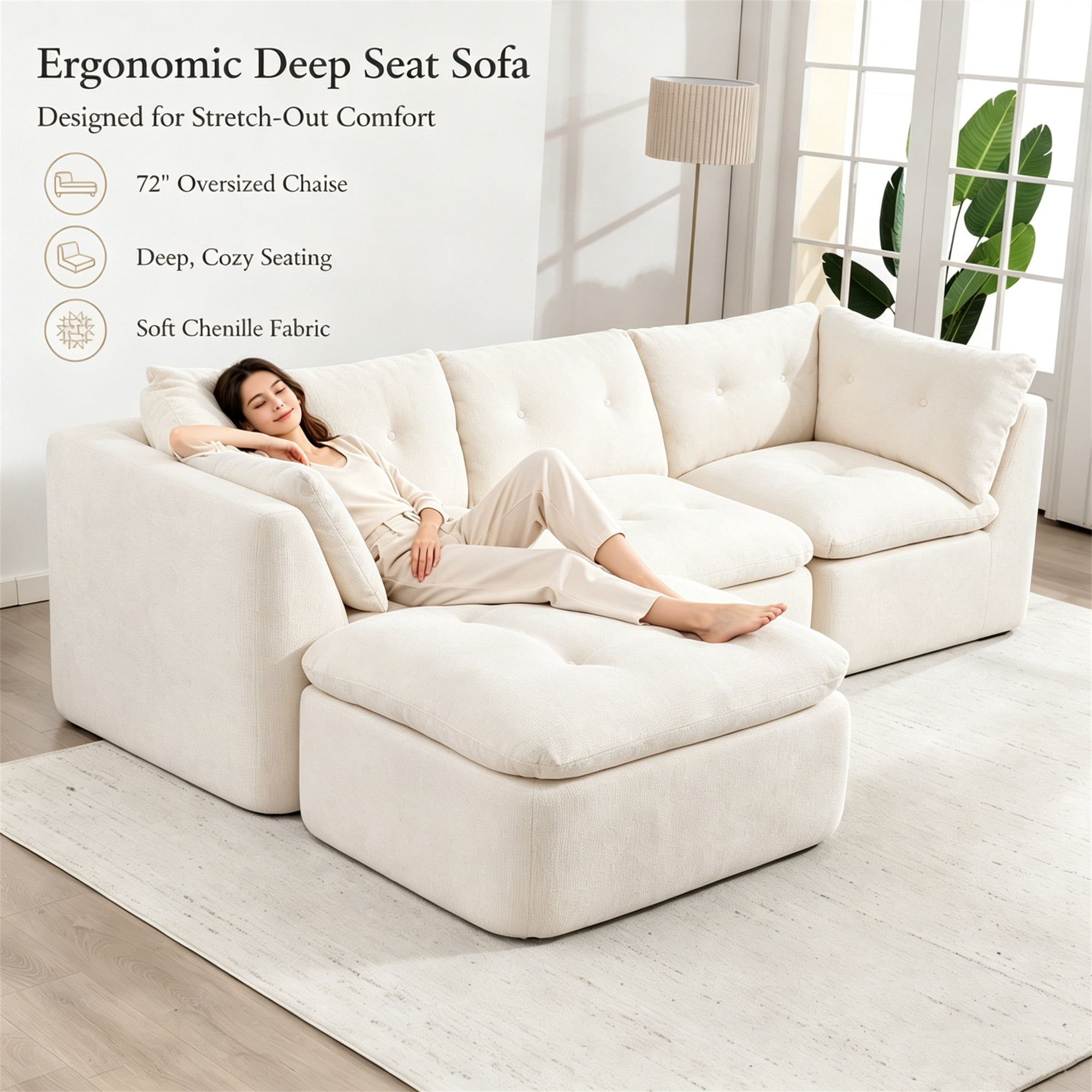 Aukfa 112" Cloud Sectional Sofa Oversized Modular Boneless Couch Reversible L-Shaped Couch for Living Room, Chenille, Beige