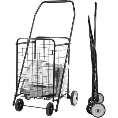 FlexWave Foldable Utility Cart，Lightweight Rolling Trolley， with Wheels, for Grocery, Laundry, and Luggage，Easy to Assemble and Store, Black