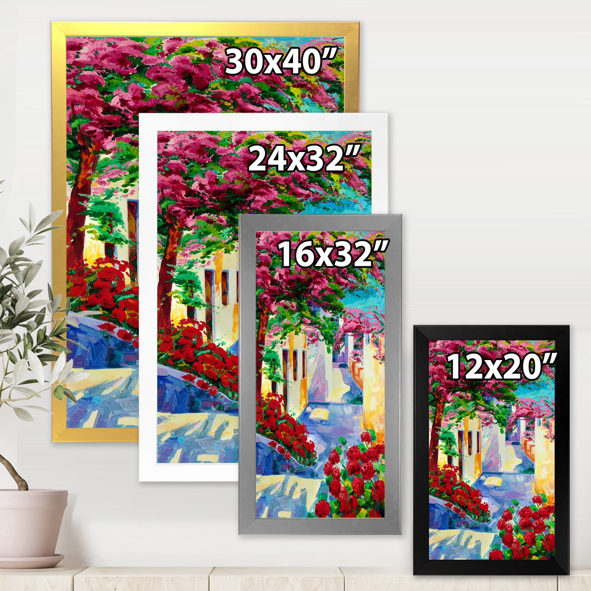 Designart 'Colorful Traditional Santorini Houses Among Flowers' Nautical & Coastal Framed Art Print