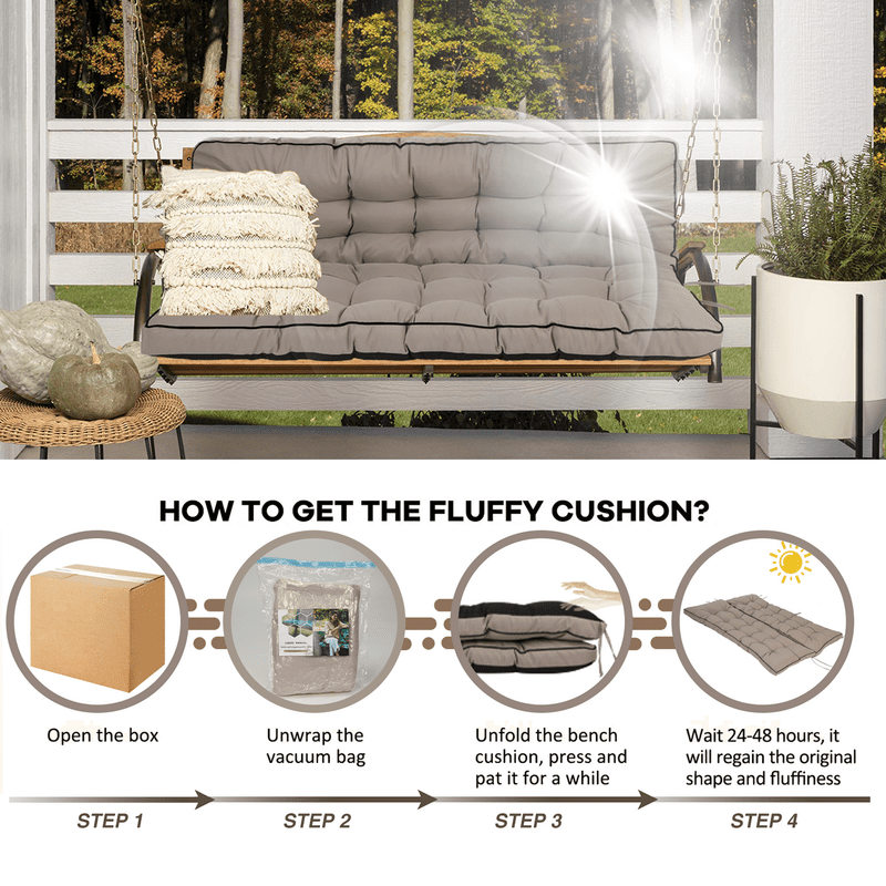 SDJPOI 2-3 Seater Porch Swing Replacement Cushion, Thicken 4" Waterproof Outdoor Bench Cushions with Backrest for Outdoor Furniture (khaki，55in*40in）