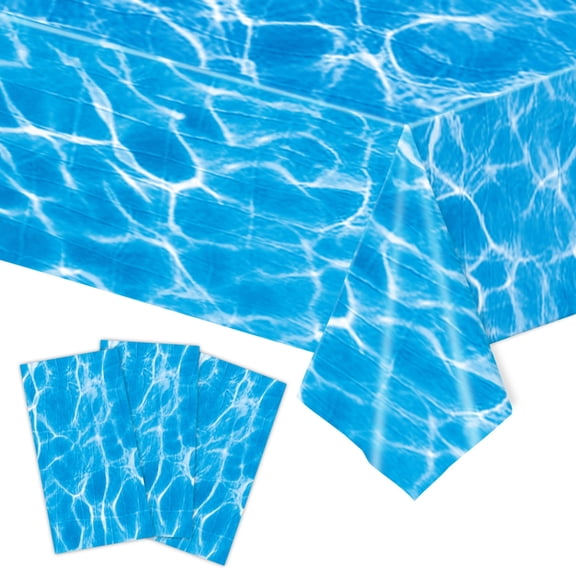 3 Pack Blue Water Ripple Disposable Plastic Tablecloth 54x108 Inch Pool Party Table Cover