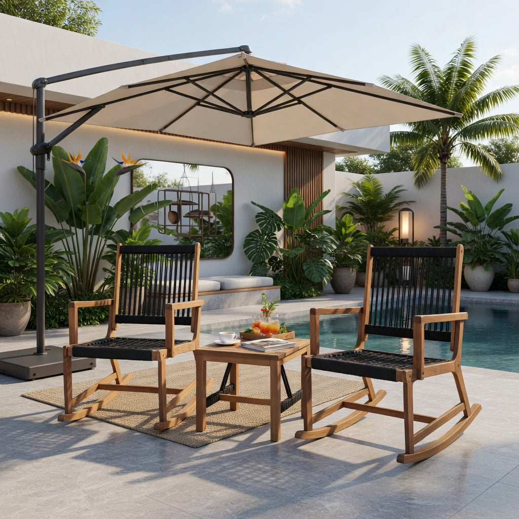 Hommoo 3-Piece Outdoor Acacia Wood Rocking Bistro Set with Breathable Plastic Rope Chairs & Square Coffee Table, Navy