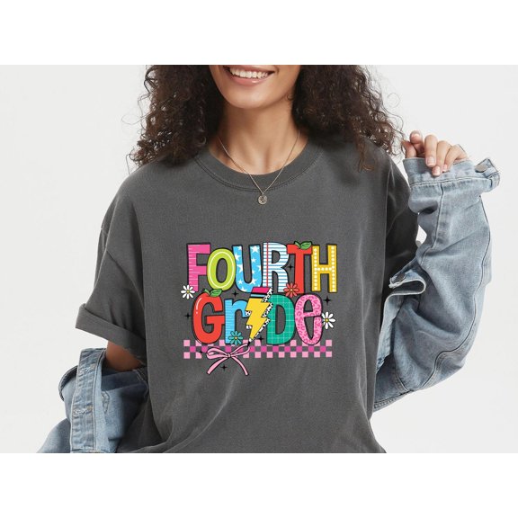 Velto Fourth Grade Teacher Graphic T-shirt Coquette Bow Back to School Casual Team Outfit, Full Size S-5XL