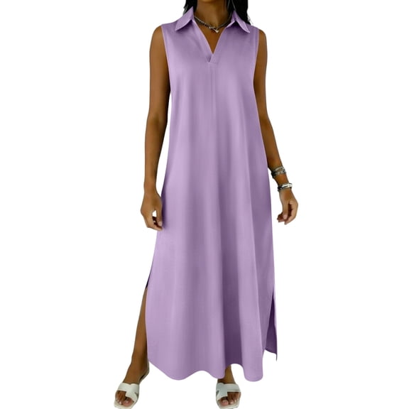 Hduncf Casual Dresses for Women Summer Sleeveless V Neck Cotton Linen Sundress Solid Color Collared Button Up Beach Maxi Dress Purple XL