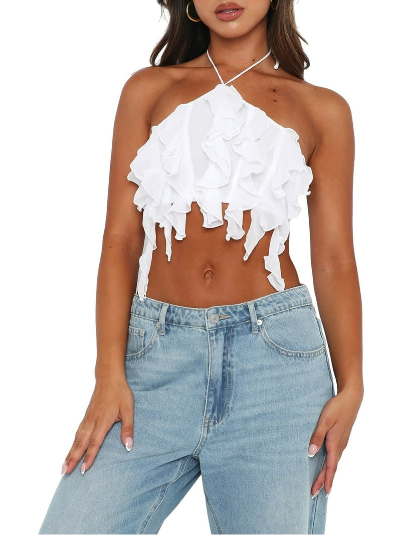 Women Sexy Halter Tank Top Flower Tassels Crop Top Sleeveless