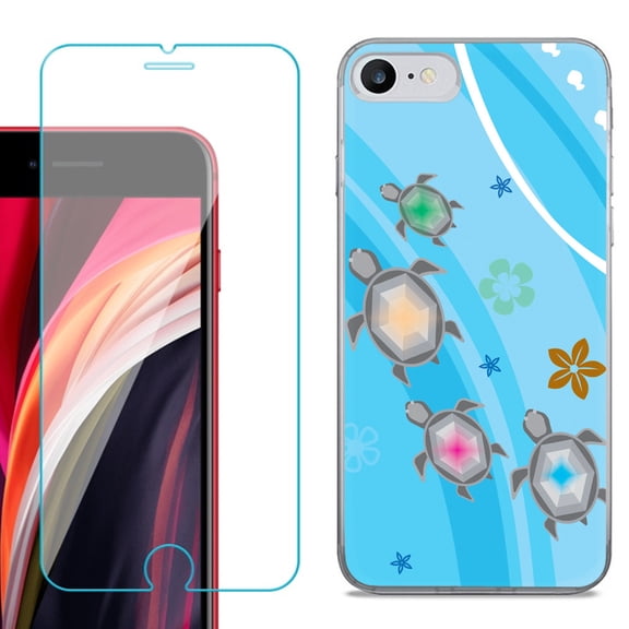 Slim-Fit Fashion Gel Phone Case for iPhone SE 2022, with Tempered Glass Screen Protector, by OneToughShield ® - Happy Turtle