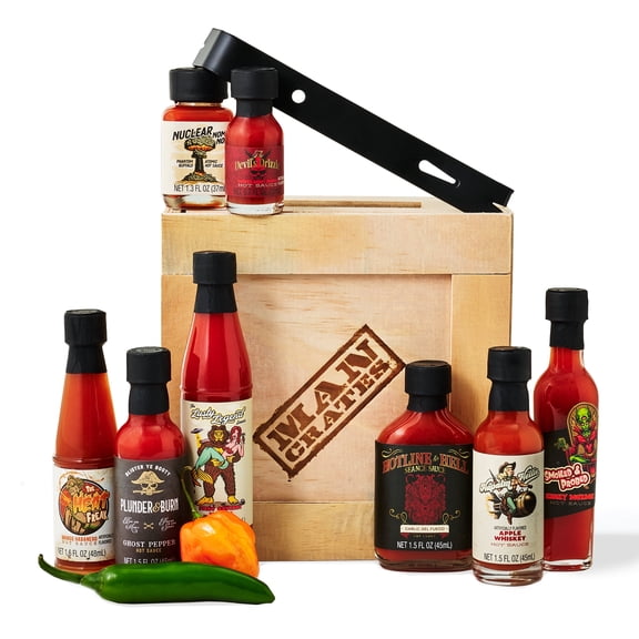 Man Crates, Gourmet Hot Sauce Gift Set for Men – 8-Pack Sampler with Mild to Extreme Ghost Pepper Flavors – Unique Hot Sauce Challenge Gift for Dad, Husband, or Spice Lovers