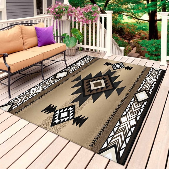 Brown Southwest Outdoor Rug for Patio/Deck/Porch, Non-Slip Large Area Rug 6 x 9 Ft, Farmhouse Boho Aztec Geometric Neutral Indoor Outdoor Rugs Washable Area Rugs, Reversible Camping Rug Carpet Runner