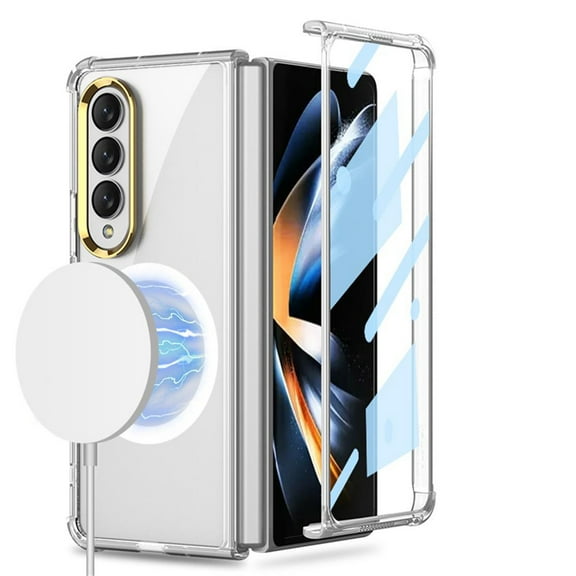 ELEHOLD for Samsung Galaxy Z Fold 4 Clear Case with Built-in Front Tempered Glass Screen Protector, Magnetic Z Fold 4 Case Compatible with MagSafe, Full Body Protection Shockproof TPU Cover,Clear