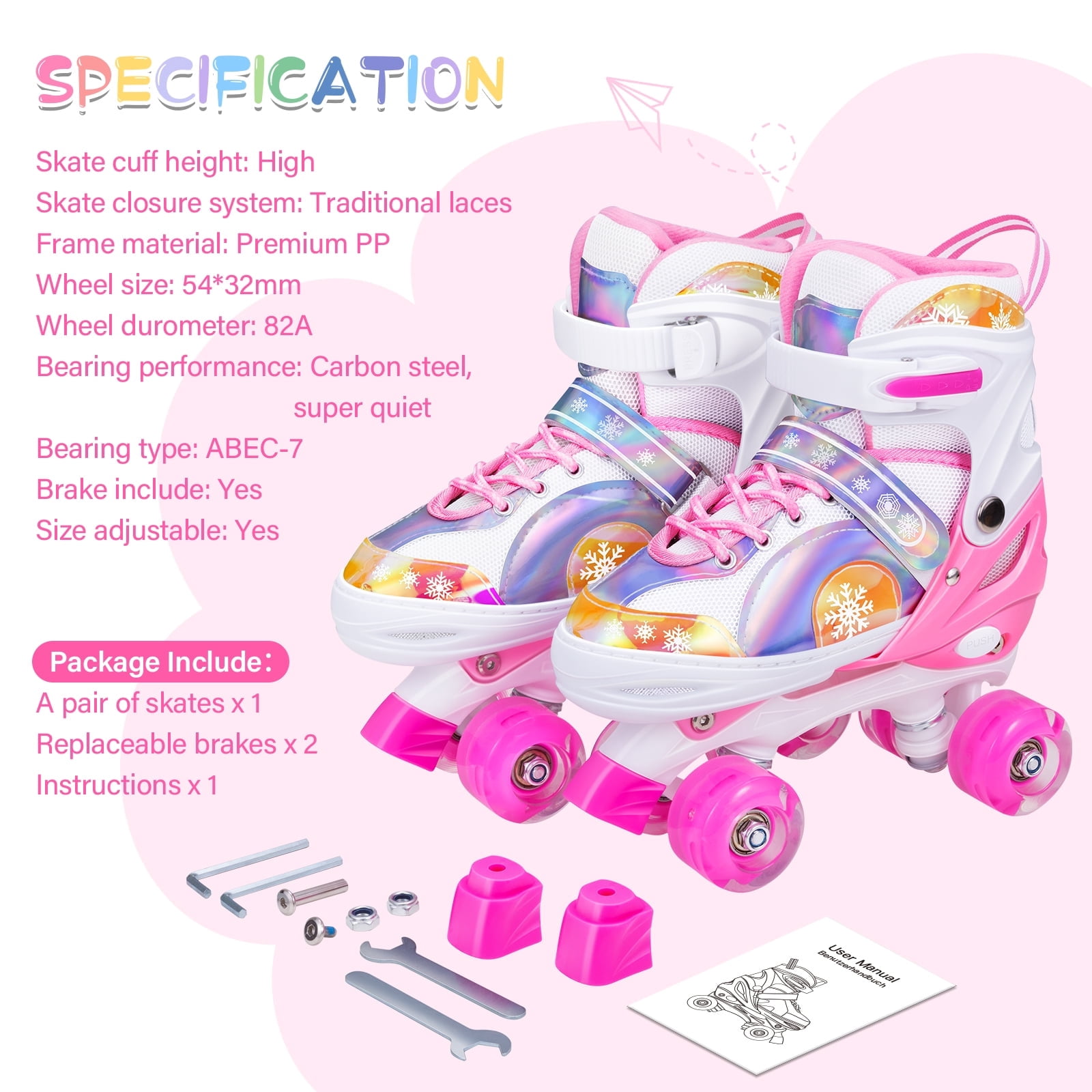 BVIVOK Adjustable Kids Roller Skates for Girls with Light up Wheels, Pink, Size 1-4