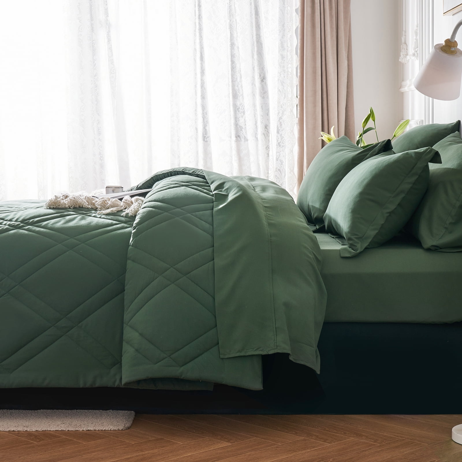 Davulos Comforters Queen Size, Queen Quilt Bedding Set 7 Pieces All Season Bed in a Bag Dark Green Comforter