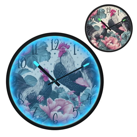 Voice Controlled Luminous Clock LED Night Light 12 Inch Silent Wall Clock Suitable for Bedroom and Living Room Home Decoration Seamless Pattern Roosters