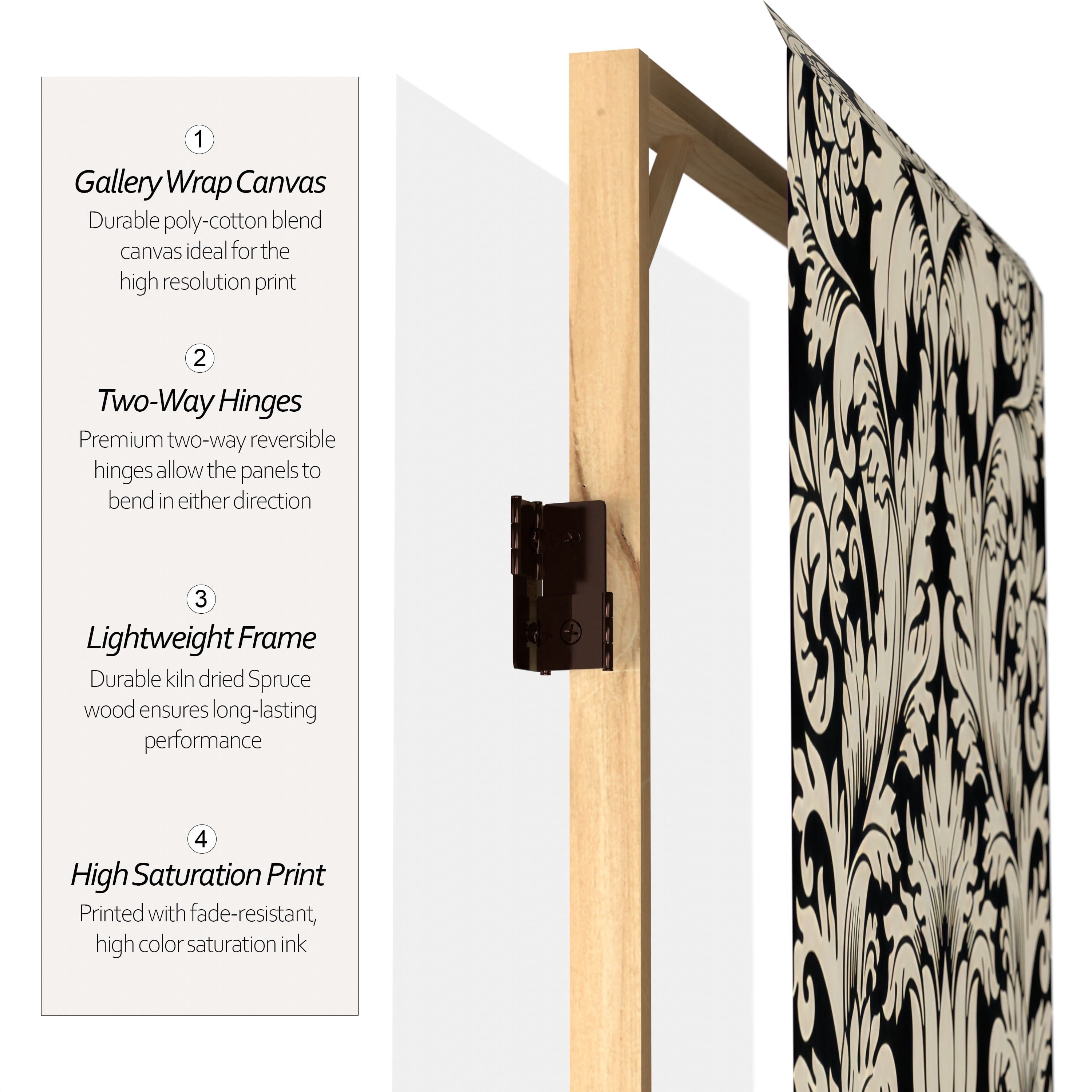 Oriental Furniture 6 ft. Tall Ebony Damask Canvas Room Divider - 3 Panel