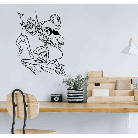 Captain Hook And Peter Pan Sword Fight Silhouette Disney Movie Scene Vinyl Wall Art Sticker Wall Decal Decoration For Home Room Wall Boys Girls Room Playroom Wall Décor Décor Design Size (20x14 inch)