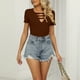 thumbnail image 5 of Bienvenido Camiseta de verano de manga corta con cuello en V recortada para mujer Camiseta informal ajustada para la vida diaria Ropa de oficina Marrón L, 5 of 8