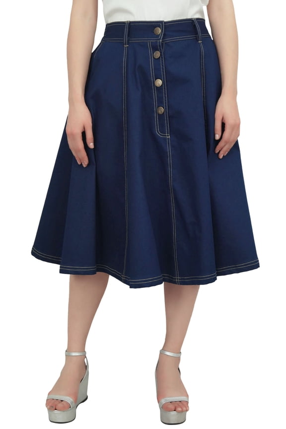 Women's Casual Designer Denim A-Line Skirt Elastic Waist With Pockets-S