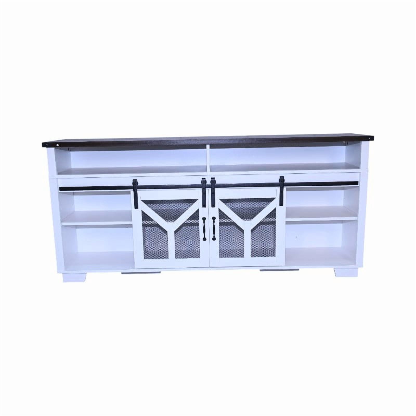 65.3 Inch TV Stand with LED Light Strips and Iron Mesh Barn Doors, Y Decorative Strip White and Black Walnut Color Farmhouse Entertainment Center for 75 Inch TV