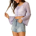 thumbnail image 4 of Allegra K Women's Lace See Through Top V Neck Bell Sleeve Elegant Crop Blouse, 4 of 6