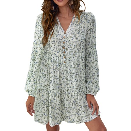

OWSOO Women Floral Dress Long Sleeve V Neck Holiday Loose Dress