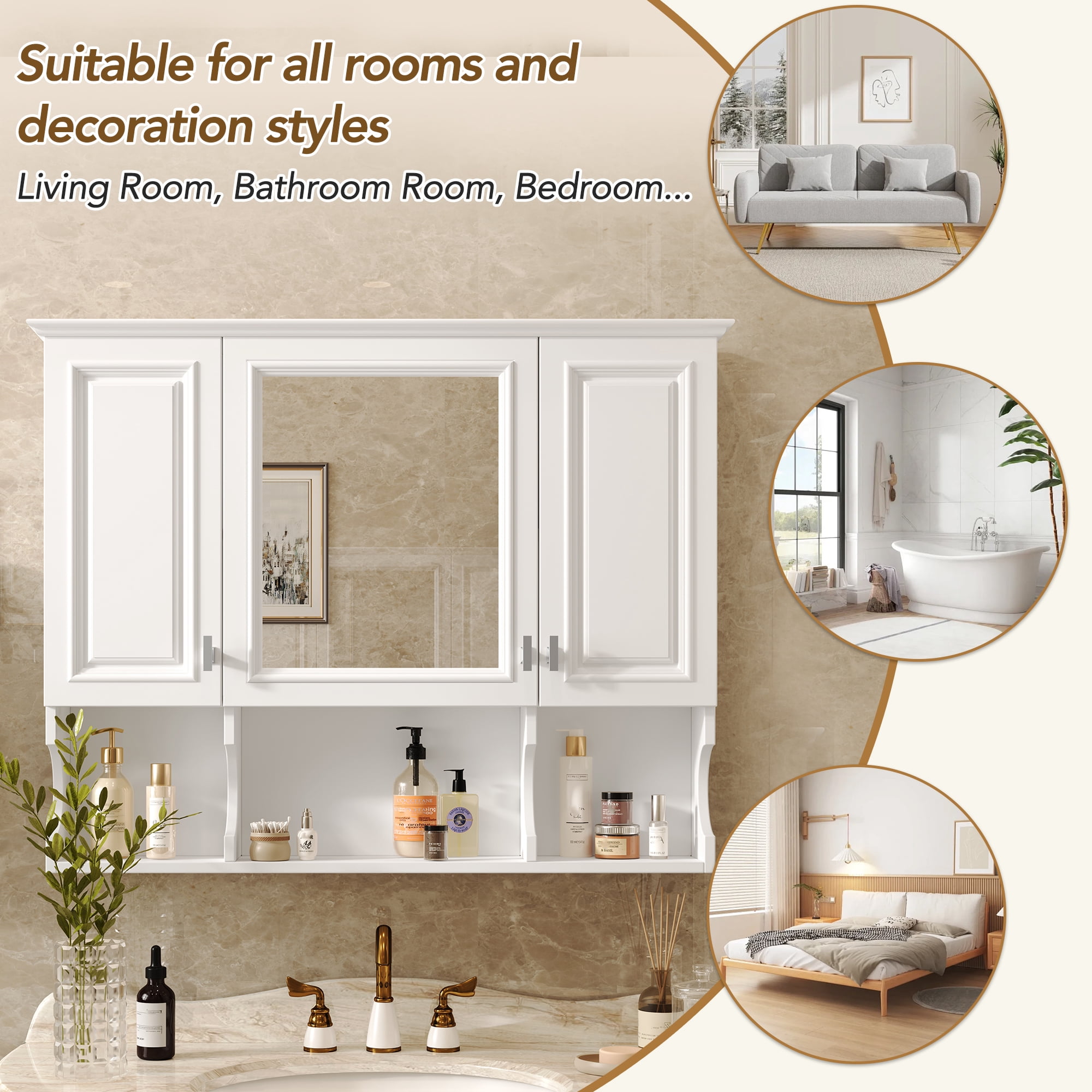 Euroco Wall-Mounted Bathroom Medicine Cabinet with Mirror, Adjustable Shelves, Waterproof MDF, Space-Saving Storage for Bathroom, Bedroom or Living Room, 35"x28.7"