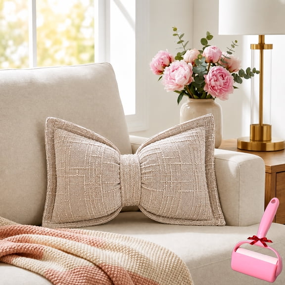 Soft Chenille Bow-Shaped Throw Pillow, Bow Chenille Decorative Throw Pillow, Cute Elegant Bowknot Sofa Cushions for Couch Bedroom Living Room Decor (Beige)