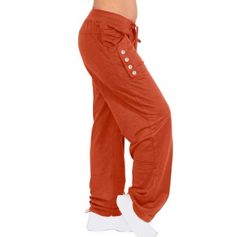 HAPIMO Sweatpants Jogger Pants for Women Solid Color Button Elastic Waist  Drawstring Trousers Leisure Relaxed Workout Retro Trendy Clothes Orange