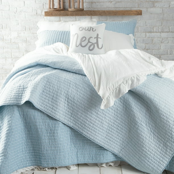Pale Blue Gingham and Chambray Stripe Quilted Bedding Twin Walmart