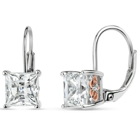 6 mm White Square Swarovski Cubic Zirconia Sterling Silver Two Tone Rhodium And 18kt Rose Gold Plated Filigree Sides Leverback Earrings