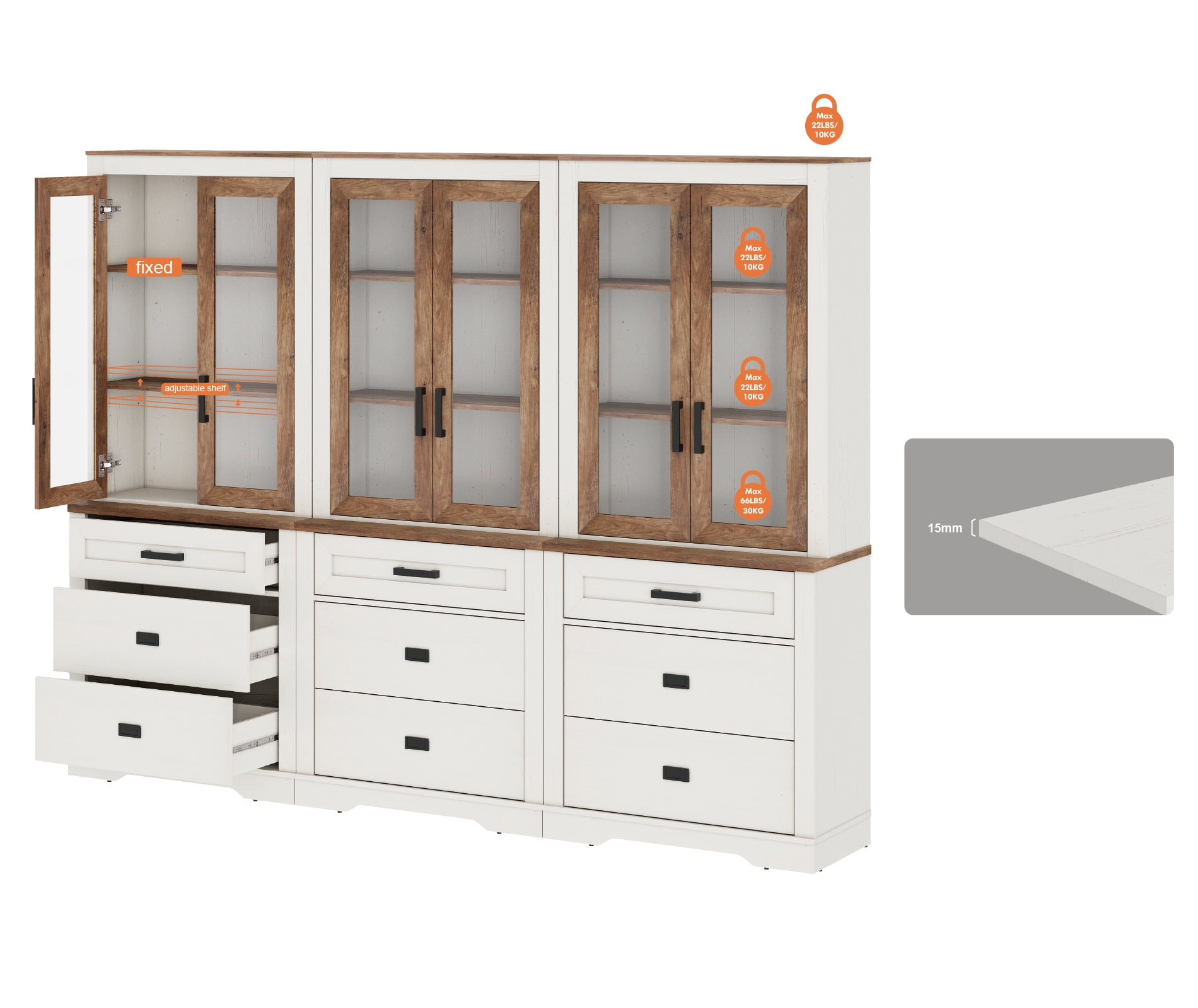 WAMPAT 3 Column 3 Tier Bookcase with Drawer,73.3" Tall Floor Standing Bookshelf,Modern Farmhouse Display Storage Cabinet with Adjustable Shelves for Living Room,White Oak