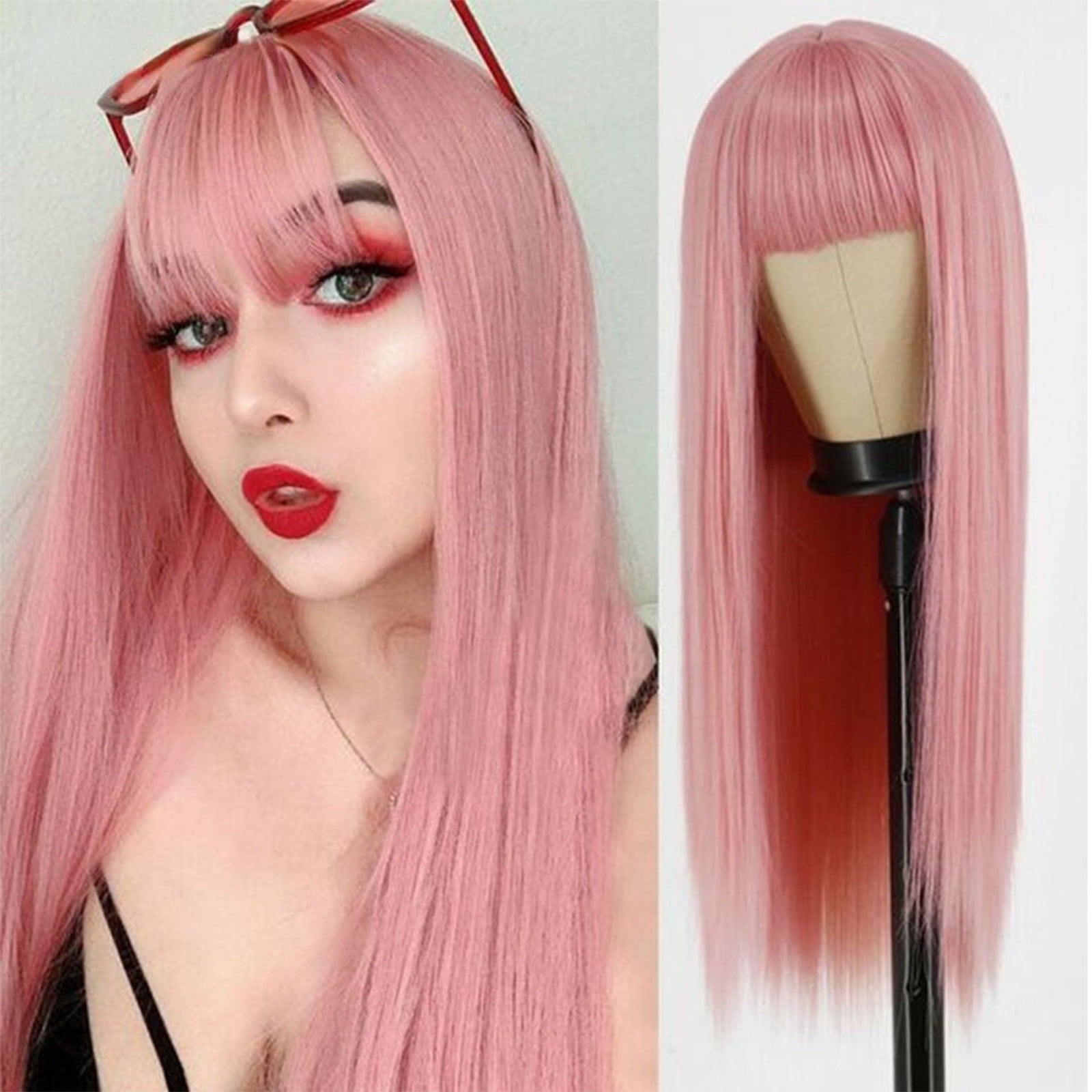 YSGFHGJW Wigs Human Hair,Long Straight Wig With Bangs Hair Wig For Women Synthetic Natural Wig ,Various Colors Available,Daily Wear Party And Cosplay Soft Wig,Pink