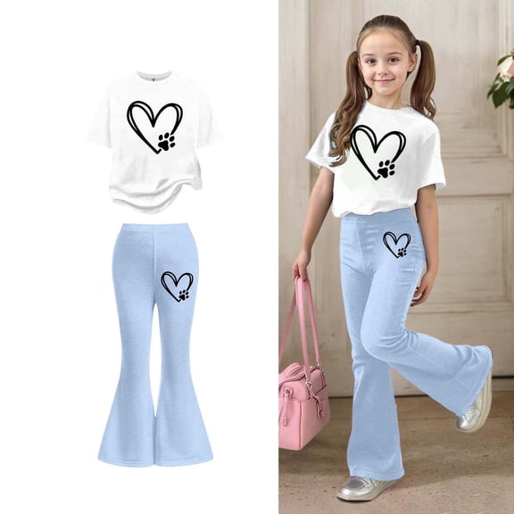 Girls Two Piece Outfits Short Sleeve Heart T-Shirt Top and Flared Pants Set Girls Summer Clothes for Tween Girls 9-10 Years
