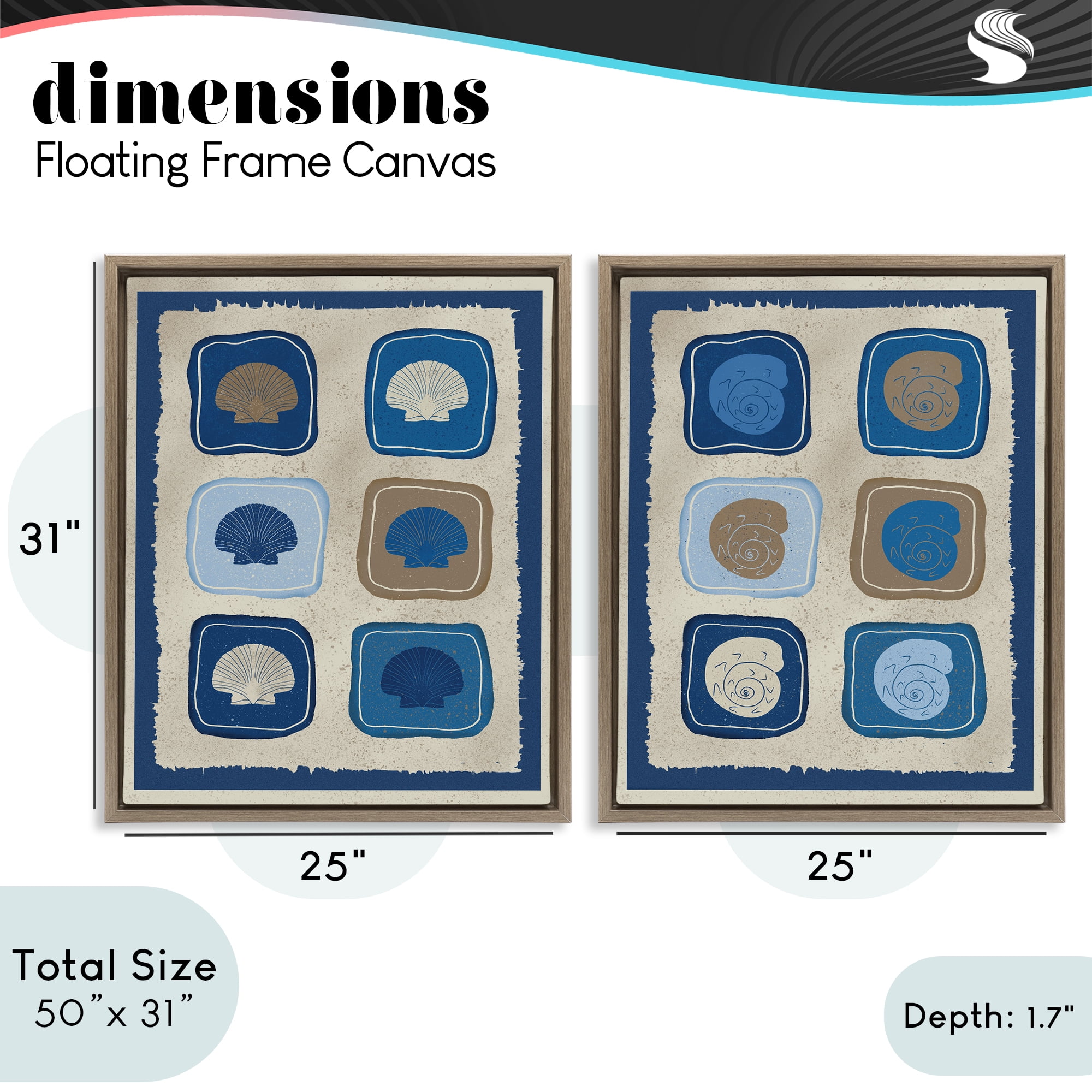 Stupell Industries Blue Blocked Seashells 2 Piece Brown Framed Floater Canvas Set, design by Julia Frost