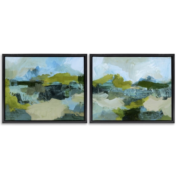 Stupell Industries Abstraction with Green Details Abstract Painting Black Floater Framed Canvas Art Print Wall Art, 21 x 17, Set of 2