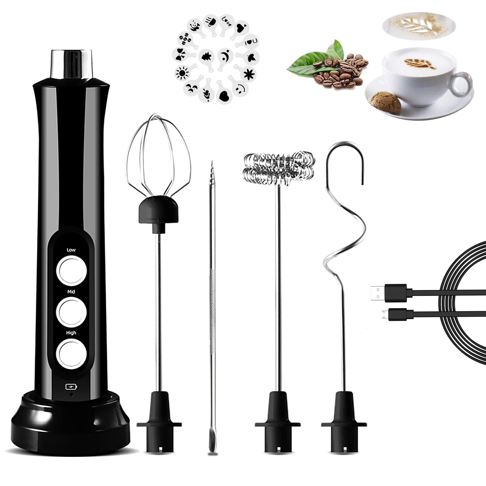 Milk Frother Handheld USB Rechargeable 3 Speeds Mini Electric Milk Foam Maker Blender Mixer with Charging Base Three Whisk for Coffee Cappuccino Egg Hot Chocolate Latte