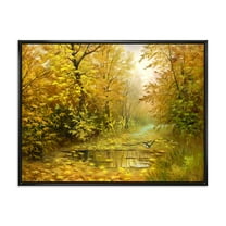 Designart 'Rain Water On Road In Yellow Woodlands' Country Framed Canvas Wall Art Print