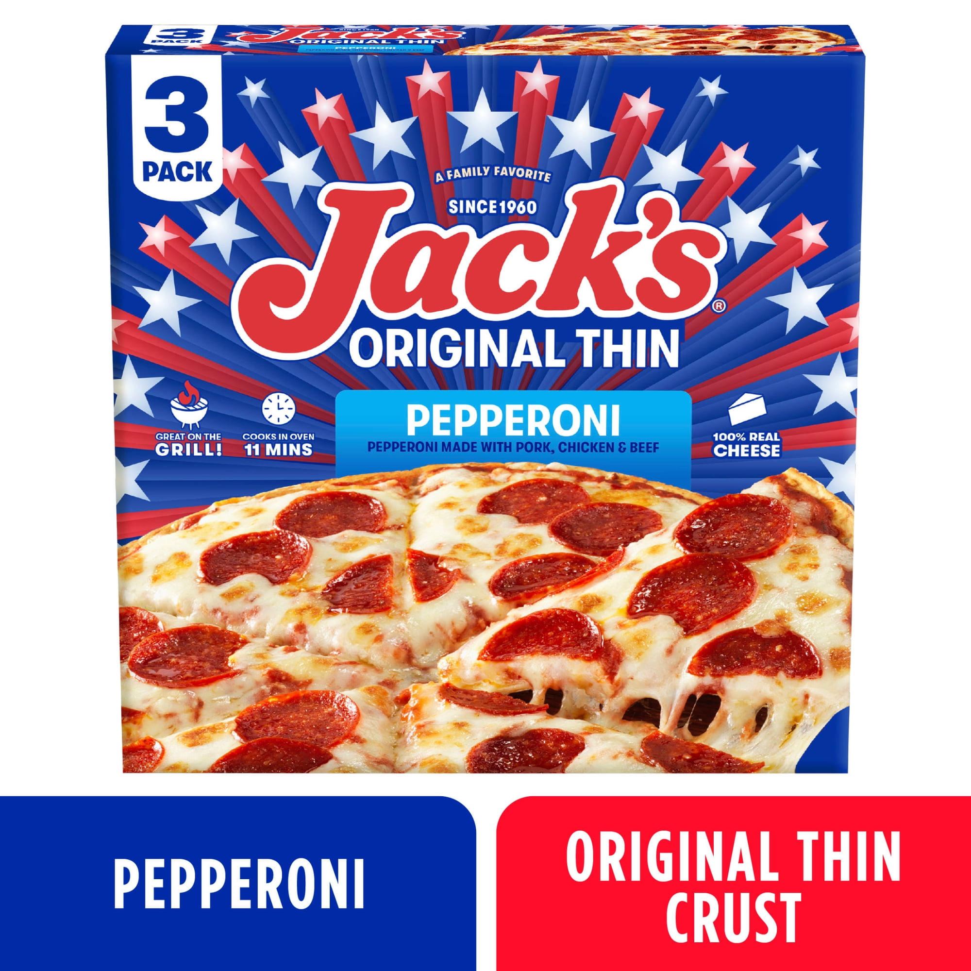 Jack's Frozen Meat Pizza, Pepperoni and Cheese, Original Thin Crust Pizza for Grilling, 43.1 oz (Frozen)